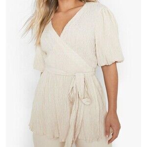 Boohoo Plus Crinkle Wrap Peplum Top Size US 18 Cream V Neck Front Tie